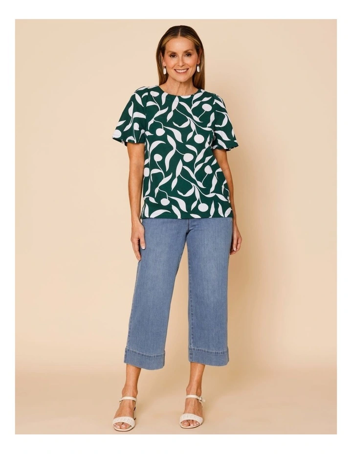 Short Bell Sleeve Tee In Green With White Leaf Print image 2
