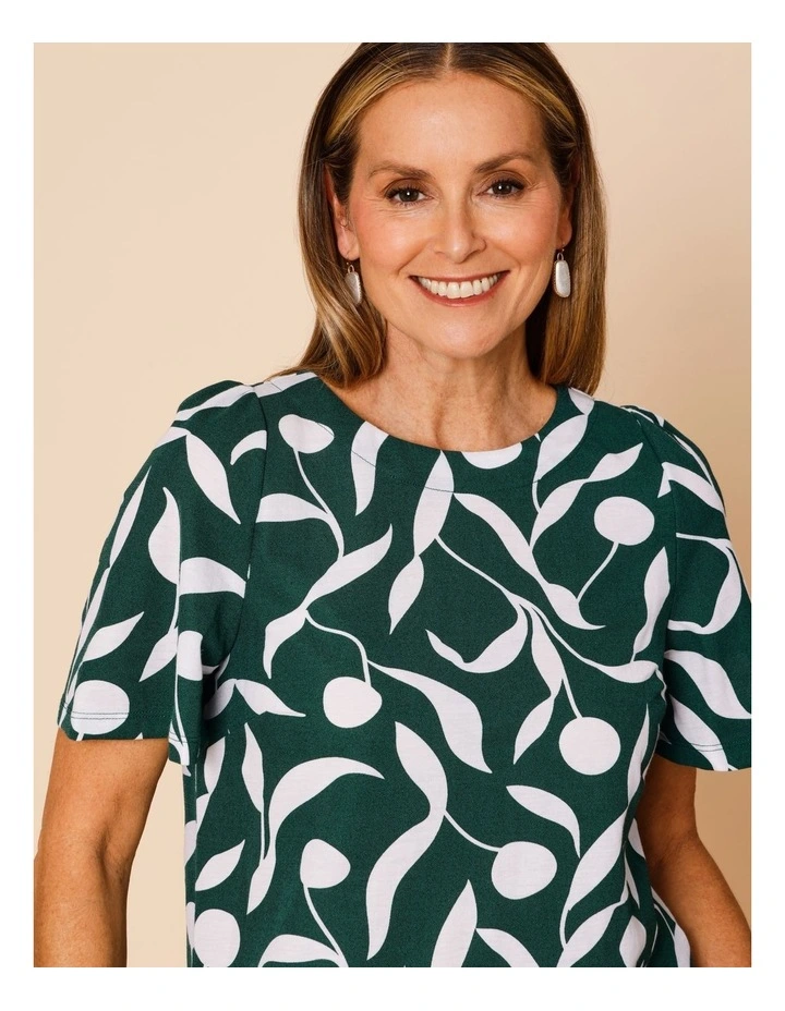 Short Bell Sleeve Tee In Green With White Leaf Print image 3
