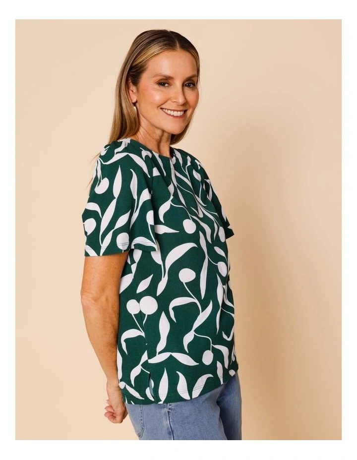 Short Bell Sleeve Tee In Green With White Leaf Print image 4