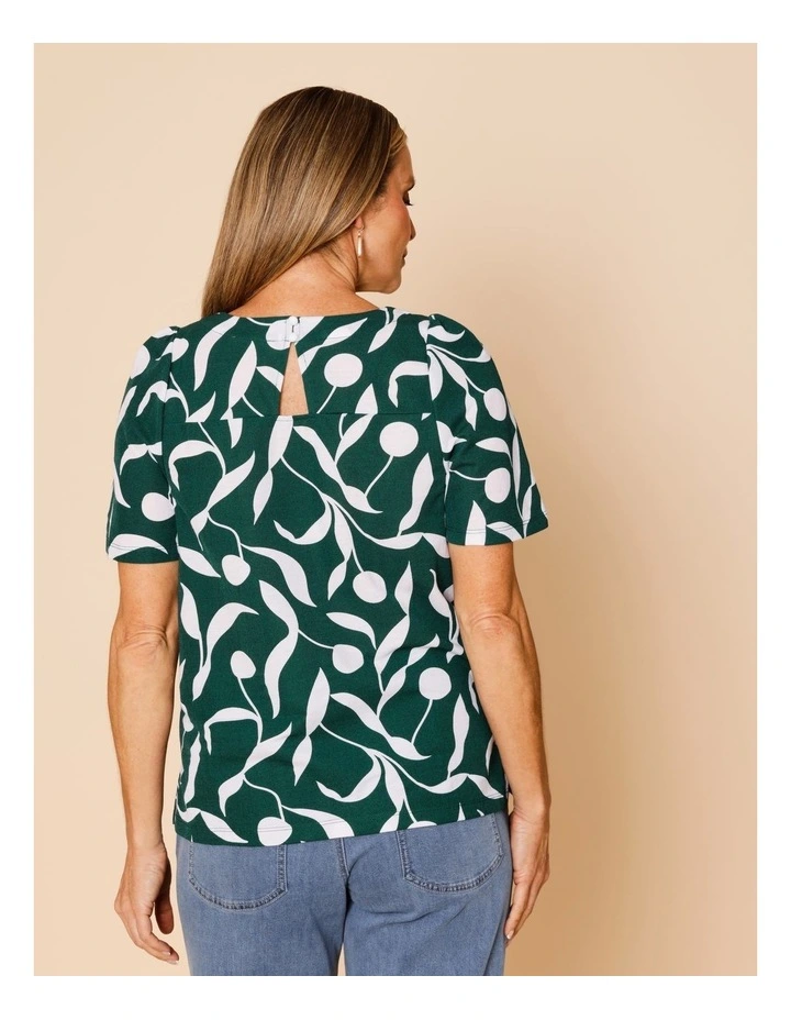 Short Bell Sleeve Tee In Green With White Leaf Print image 5
