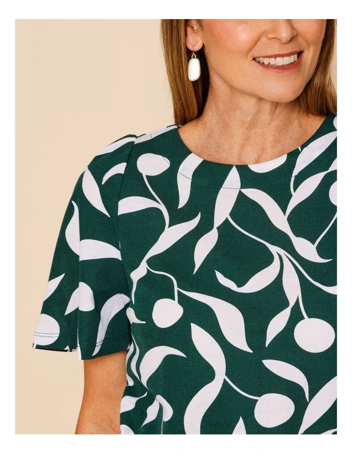 Short Bell Sleeve Tee In Green With White Leaf Print image 6