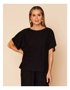 Plisse Elbow Length Sleeves Tee In Black