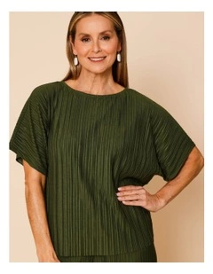 Plisse Elbow Length Sleeves Tee In Green