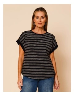 Extended Sleeve Stitched Stripe Tee With Buttons In Black/Neutral