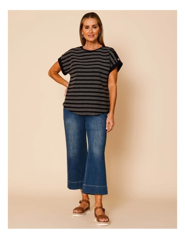 Extended Sleeve Stitched Stripe Tee With Buttons In Black/Neutral image 2