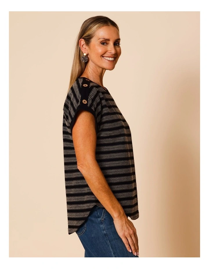 Extended Sleeve Stitched Stripe Tee With Buttons In Black/Neutral image 4