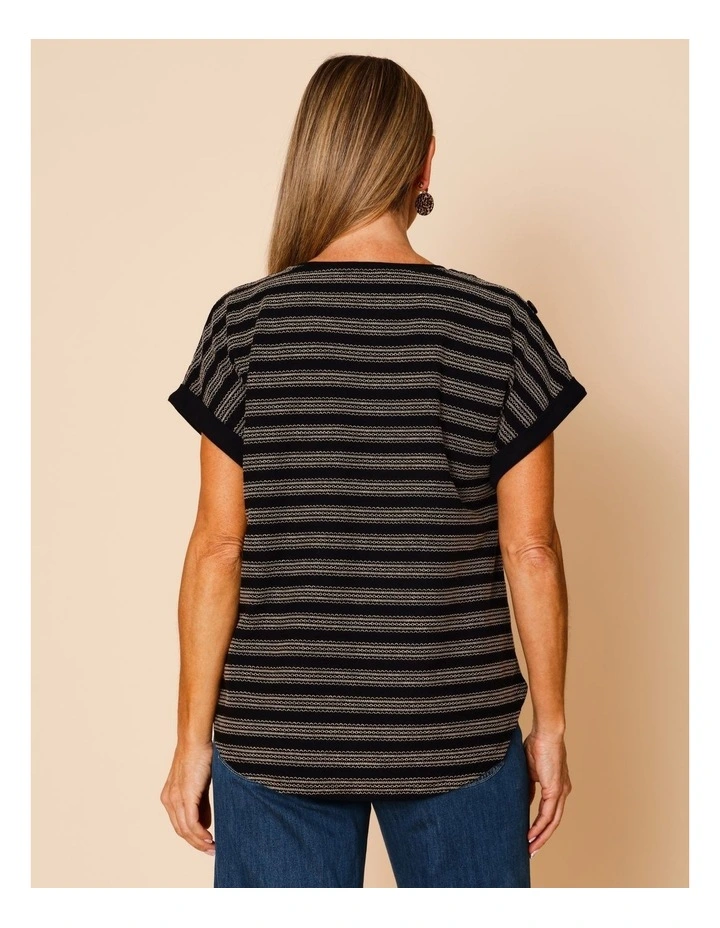 Extended Sleeve Stitched Stripe Tee With Buttons In Black/Neutral image 5