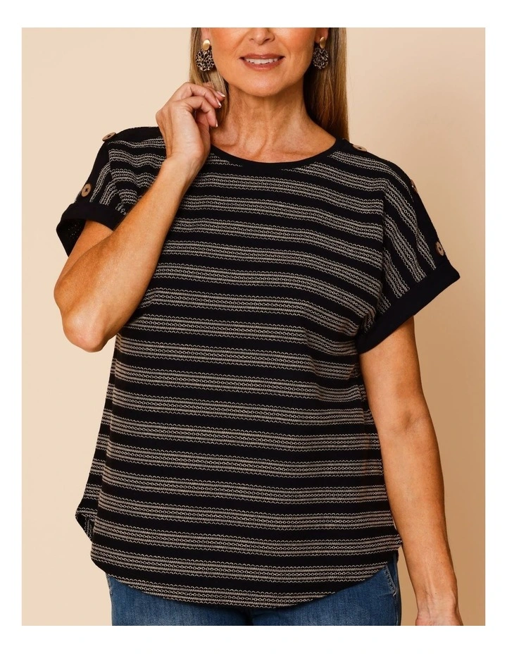 Extended Sleeve Stitched Stripe Tee With Buttons In Black/Neutral image 6