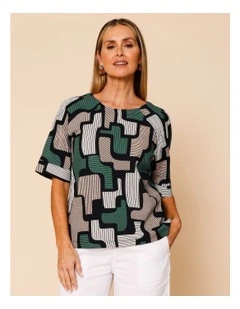 Raglan Short Sleeve Woven Front Tee With Knit Back In Green/Black/Neutral Geo Print