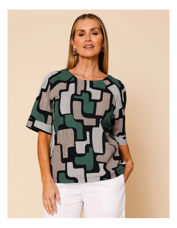 Raglan Short Sleeve Woven Front Tee With Knit Back In Green/Black/Neutral Geo Print image 1