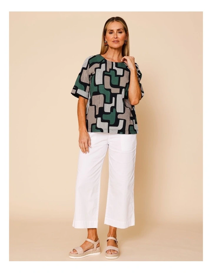 Raglan Short Sleeve Woven Front Tee With Knit Back In Green/Black/Neutral Geo Print image 3