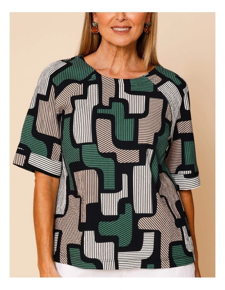 Raglan Short Sleeve Woven Front Tee With Knit Back In Green/Black/Neutral Geo Print image 4