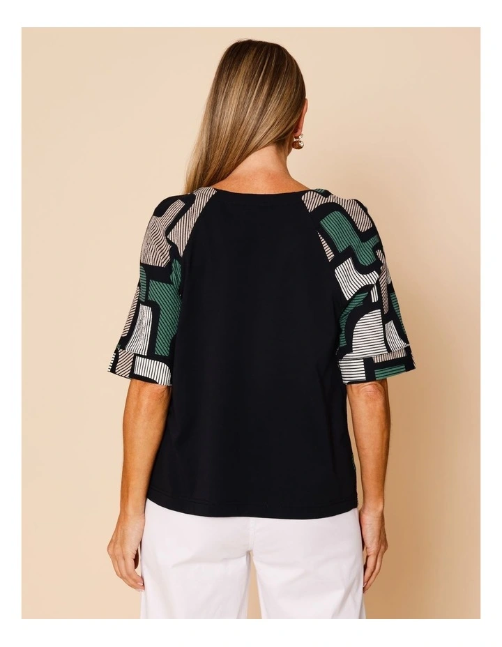 Raglan Short Sleeve Woven Front Tee With Knit Back In Green/Black/Neutral Geo Print image 6