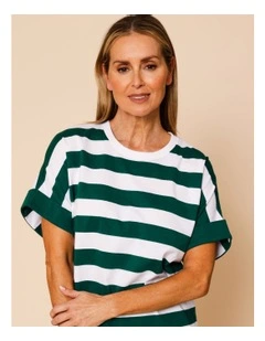 Extended Sleeve Tee With Solid Cuff In Green/White Stripe