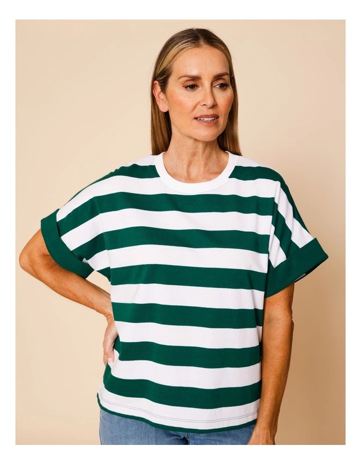 Extended Sleeve Tee With Solid Cuff In Green/White Stripe image 2