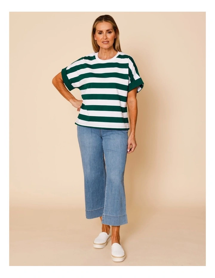 Extended Sleeve Tee With Solid Cuff In Green/White Stripe image 3