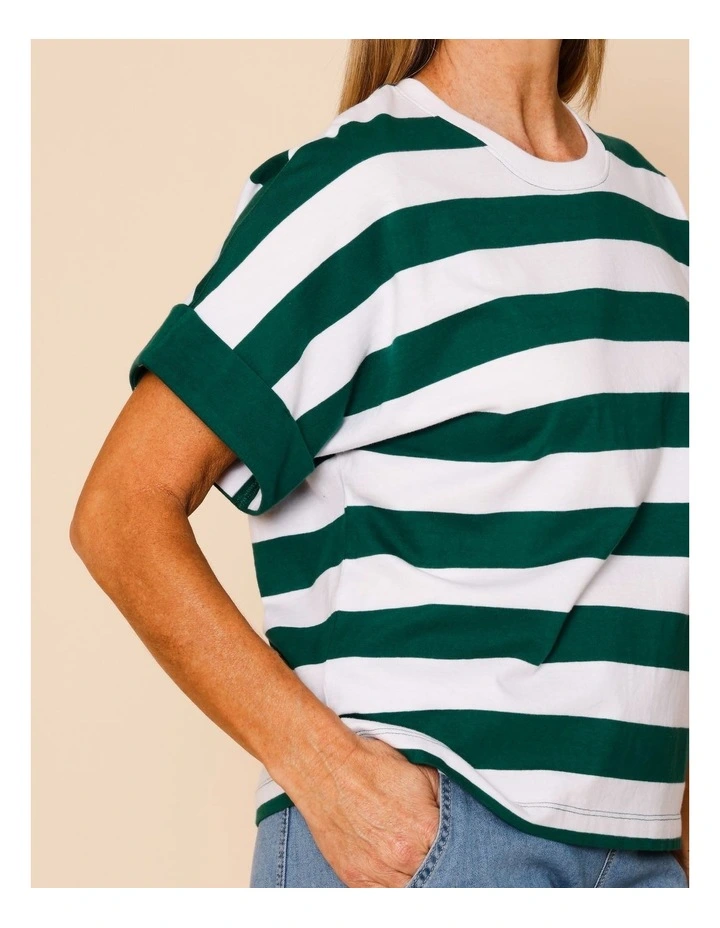Extended Sleeve Tee With Solid Cuff In Green/White Stripe image 4