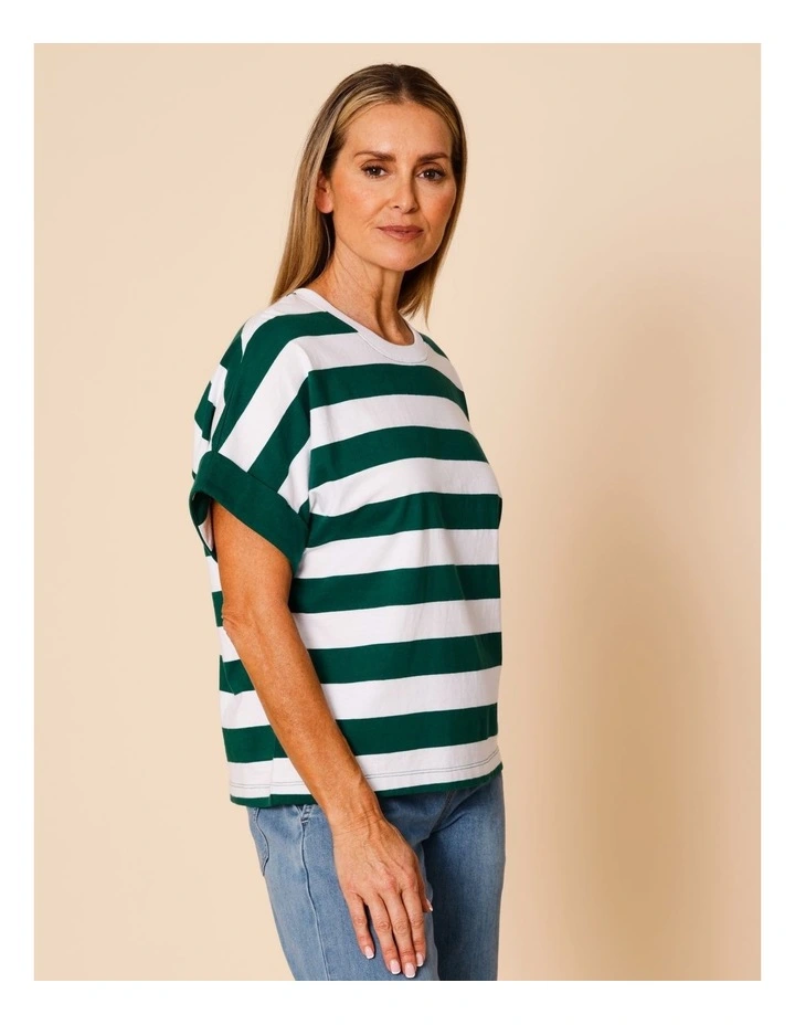 Extended Sleeve Tee With Solid Cuff In Green/White Stripe image 5