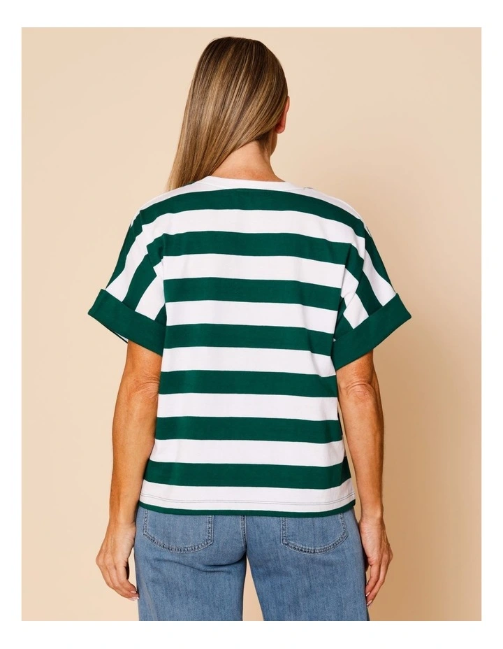 Extended Sleeve Tee With Solid Cuff In Green/White Stripe image 6