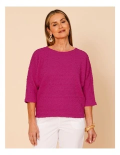 Elbow Length Sleeve Tee In Crinkle Jersey In Hot Pink