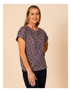 Short Sleeve Tee With Side Splits In Blue/Pink/Red Floral Burnout Print