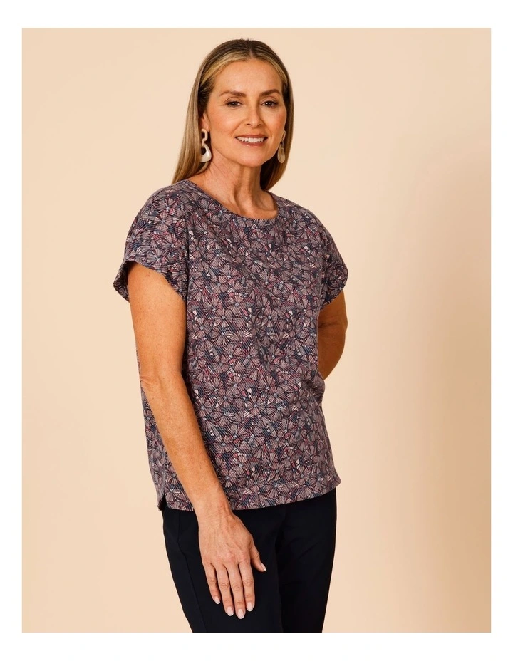 Short Sleeve Tee With Side Splits In Blue/Pink/Red Floral Burnout Print image 1