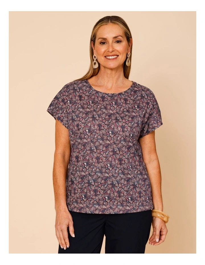 Short Sleeve Tee With Side Splits In Blue/Pink/Red Floral Burnout Print image 2