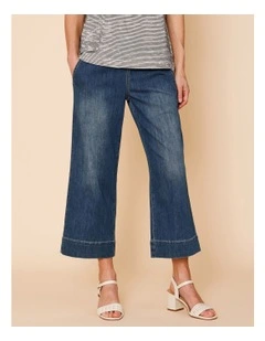 Stretch Crop, Pull On, Wide Leg Jean In Dark Wash