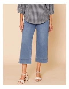 Stretch Crop, Pull On, Wide Leg Jean In Mid Wash