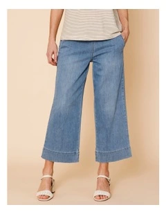Stretch Crop, Pull On, Wide Leg Jean In Mid Wash