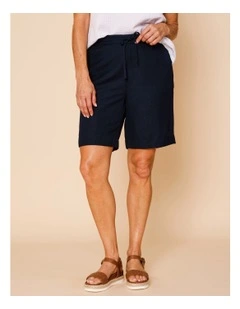 Elastic Back Linen Blend Short In Navy