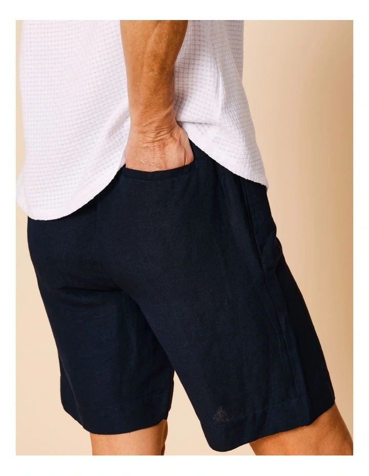 Elastic Back Linen Blend Short In Navy image 5