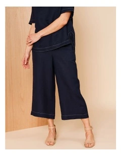 Wide Leg Crop Linen Blend Pant In Navy With Contrast Top Stitch