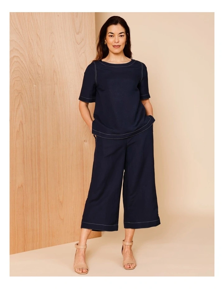 Wide Leg Crop Linen Blend Pant In Navy With Contrast Top Stitch image 2
