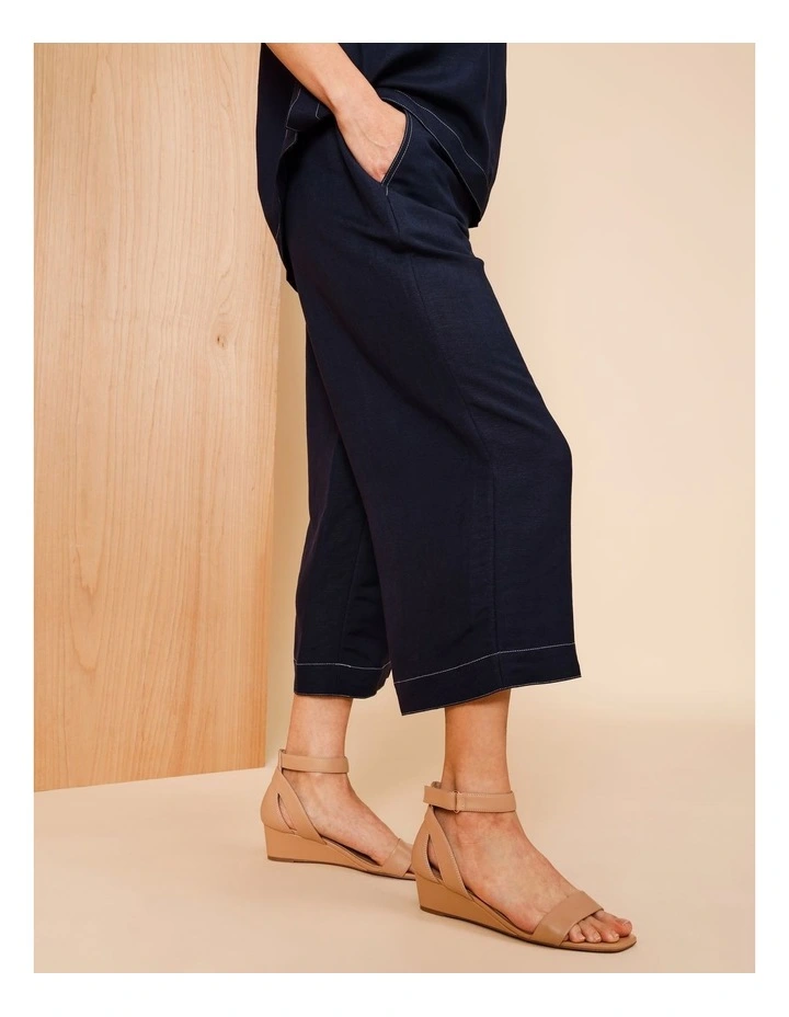 Wide Leg Crop Linen Blend Pant In Navy With Contrast Top Stitch image 3