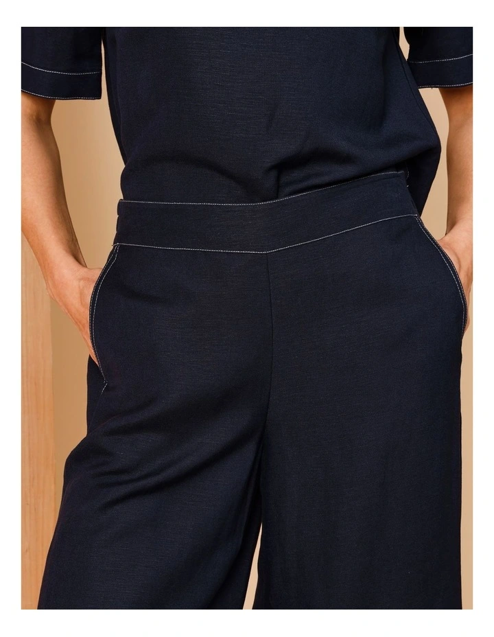 Wide Leg Crop Linen Blend Pant In Navy With Contrast Top Stitch image 4