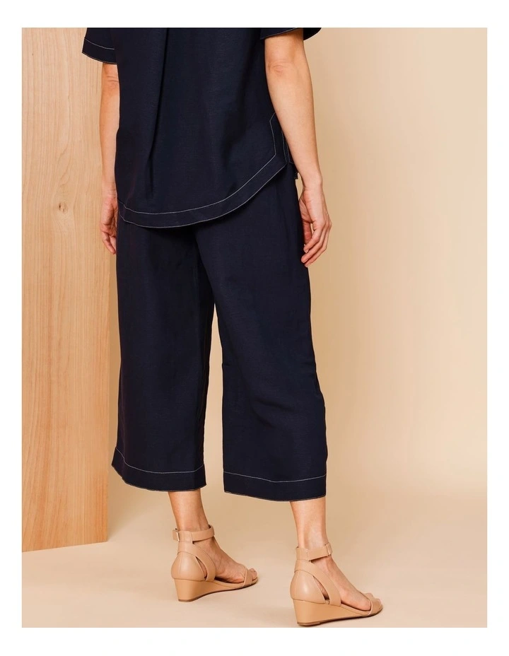 Wide Leg Crop Linen Blend Pant In Navy With Contrast Top Stitch image 5