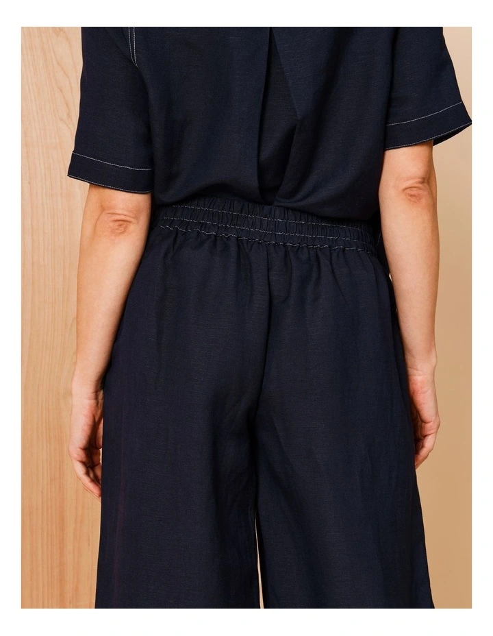 Wide Leg Crop Linen Blend Pant In Navy With Contrast Top Stitch image 6