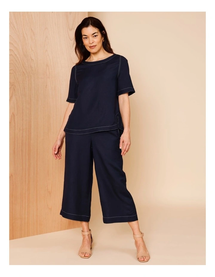 Wide Leg Crop Linen Blend Pant In Navy With Contrast Top Stitch image 7