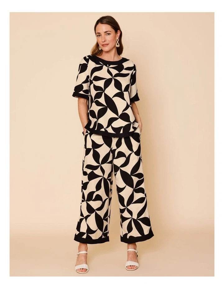 Wide Leg Crop Linen Blend Pant In Neutral/Black Leaf Print With Black Contrasts image 2