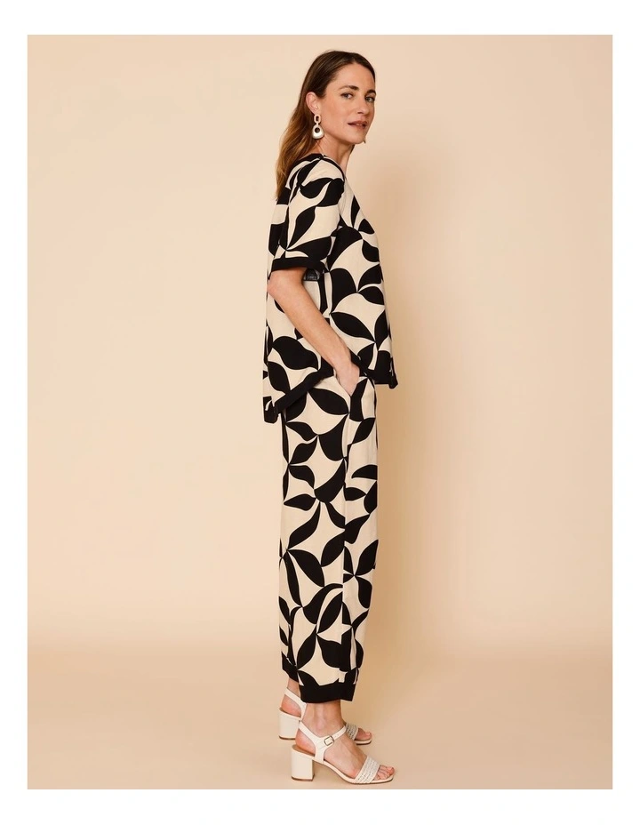 Wide Leg Crop Linen Blend Pant In Neutral/Black Leaf Print With Black Contrasts image 4