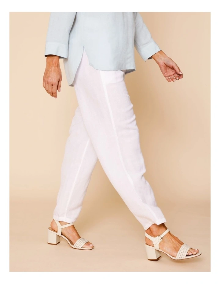 Elastic Waist Linen Blend Pant In White image 3