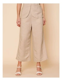 Wide Leg Crop Linen Blend Pant In Oatmeal Crossdye With Contrast Top Stitch