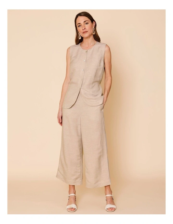 Wide Leg Crop Linen Blend Pant In Oatmeal Crossdye With Contrast Top Stitch image 2