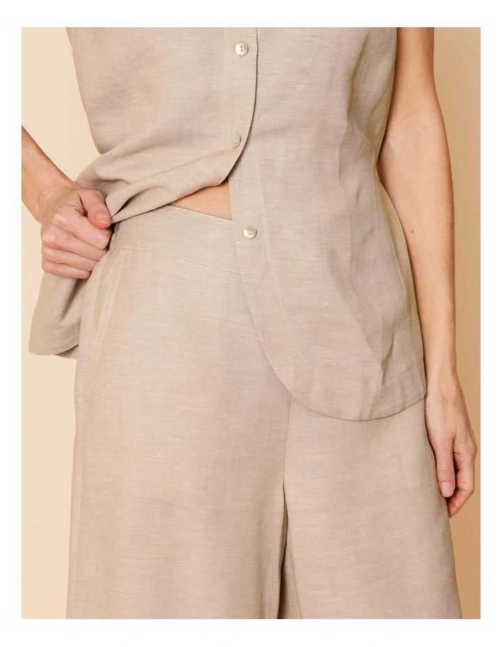 Wide Leg Crop Linen Blend Pant In Oatmeal Crossdye With Contrast Top Stitch image 3