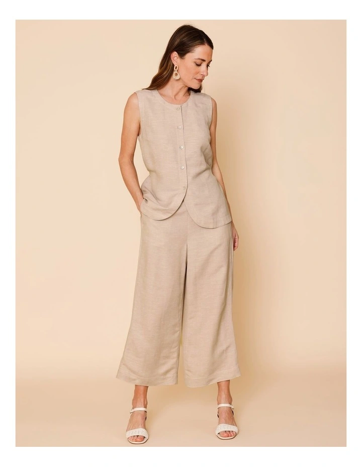 Wide Leg Crop Linen Blend Pant In Oatmeal Crossdye With Contrast Top Stitch image 5