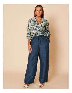 Wide Leg Full Length Linen Blend Pant In Navy