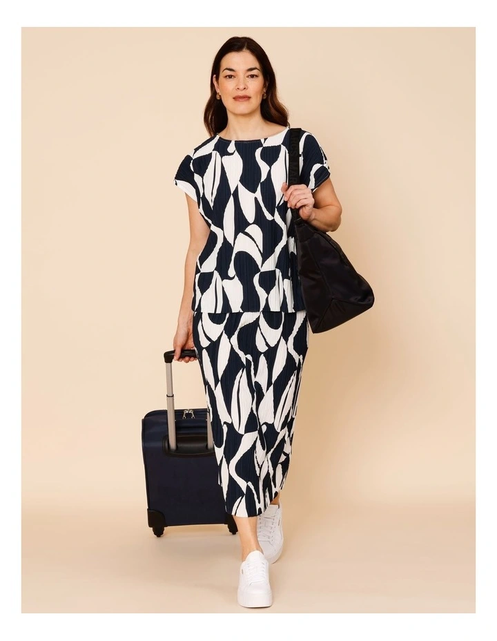 Plisse Skirt With Elastic Waist In Navy/Ivory Print image 2