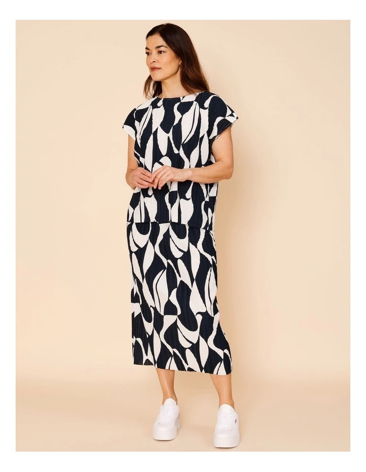 Plisse Skirt With Elastic Waist In Navy/Ivory Print image 7