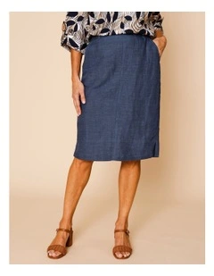 Elastic Back Knee Length Skirt In Navy Crossdye